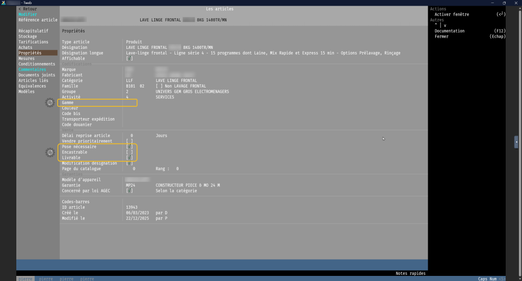 Gestionnaire articles Personnalisation Rubriques affichées