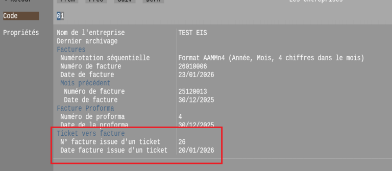 NF525 Facture issue d'un ticket - Maintenance EIS Entreprise Numérotation