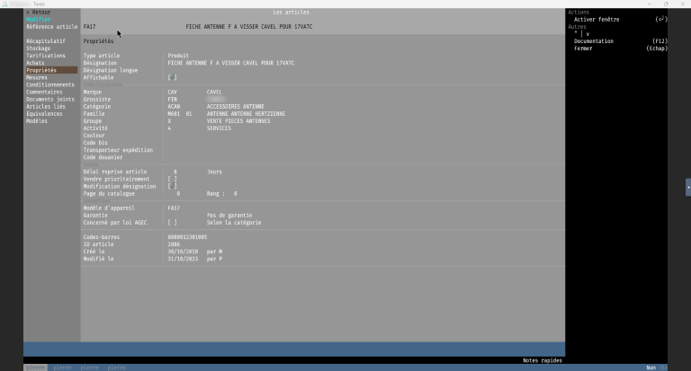 Gestionnaire articles Fenêtre propriétés