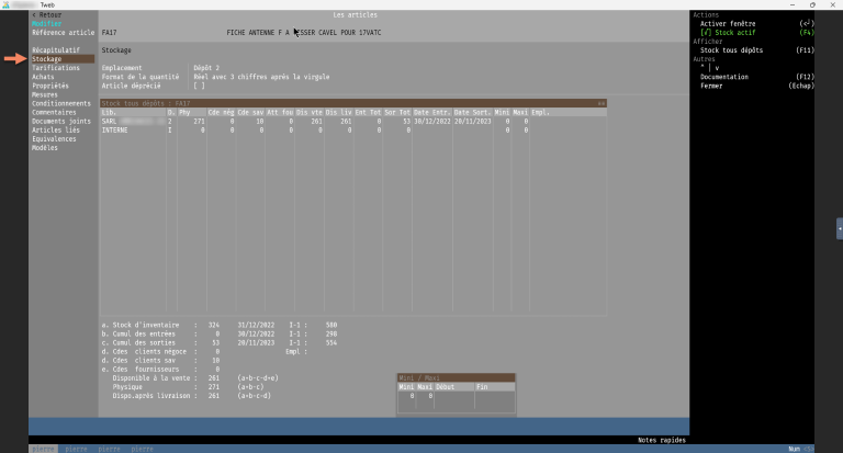 Gestionnaire articles Fenêtre stockage