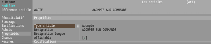 Exemple d’écran de l’article de type "Acompte"