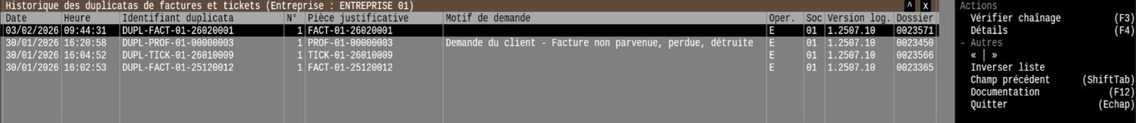 liste des enregistrements du fichier d'historique des duplicatas.