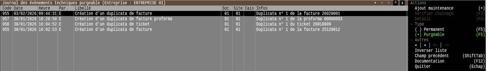 liste dans le jet des évènements sur les duplicatas.