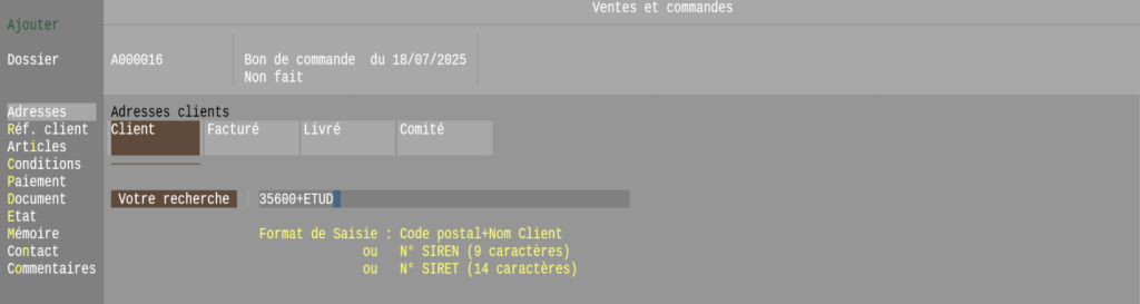 Exemples d’écran avec utilisation de la touche (F1) Recherche par SIREN/SIRET :