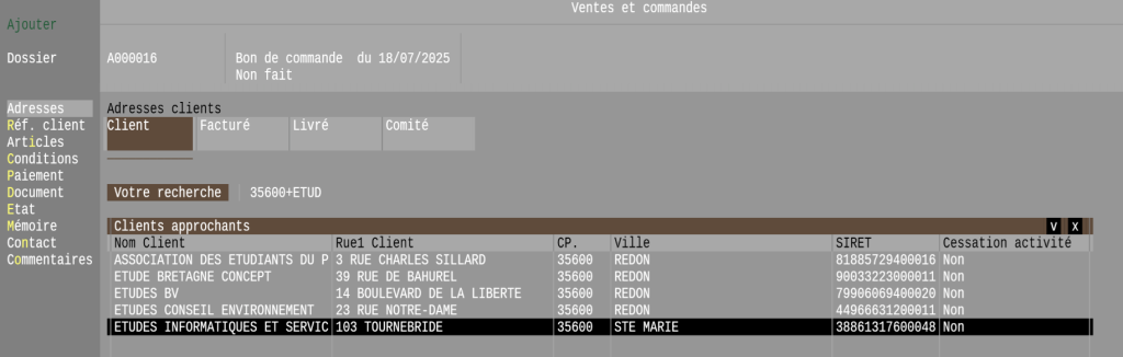 Il est recherché 35600+ETUD et l’API Sirene retourne les réponses qui s’affichent dans une liste